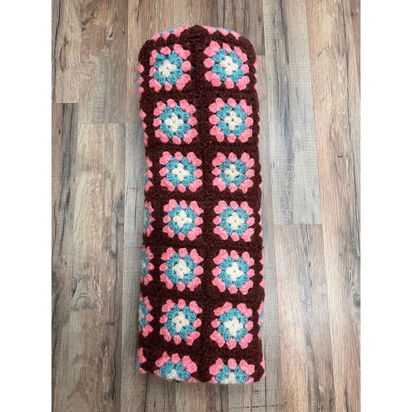 Vintage Handmade Crochet Afghan Blanket Granny Square Brown Pink Blue‎ 58x36 - Picture 2 of 4